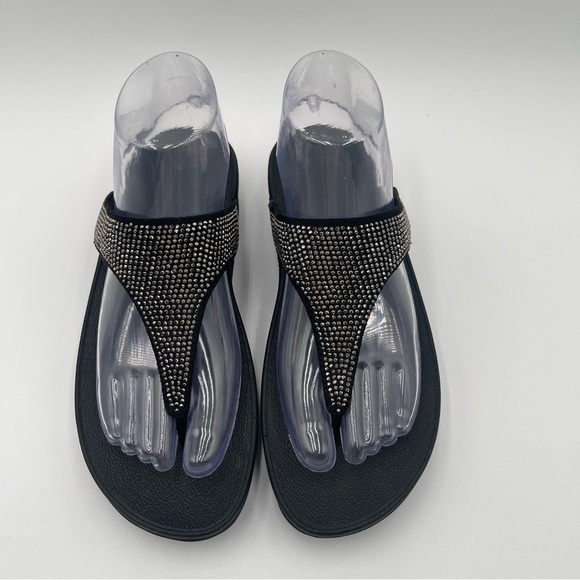 FitFlop Women’s Sz 7 Lulu Shimmer Black Rhinestone Sandals Comfortcore Glam Chic - Picture 7 of 13